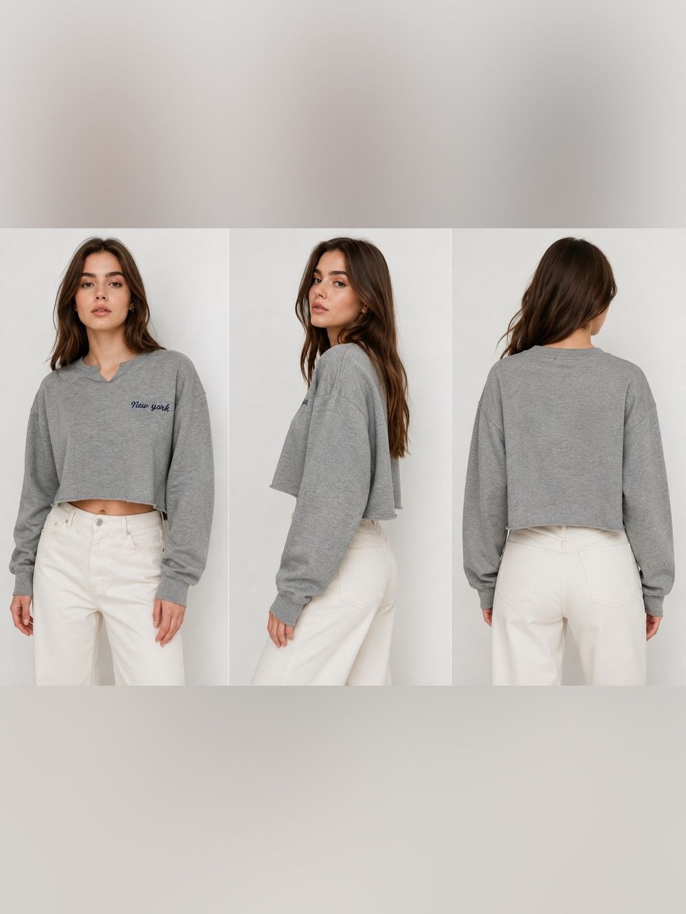 Brandy Melville New York Sweatshirt Cut Off Crewneck Size S Oversized Gray